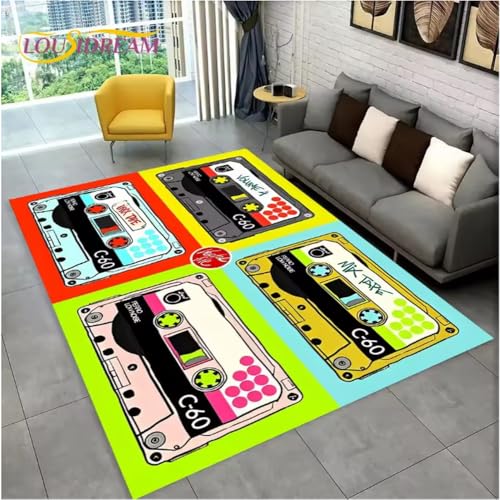 JIAOJING Teppich Retro Musik Kassette Band Muster Teppich Für Wohnzimmer Schlafzimmer Sofa Fußmatte Dekoration rutschfeste Bodenmatte 80X120Cm von JIAOJING