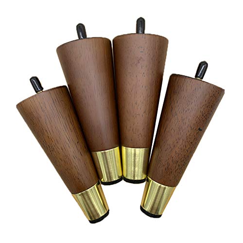 4x Holz Möbelfüße Tischbeine Möbelfüsse Massivholz Konisch Möbelbeine mit Gold Messing Abdeckung Vorgebohrten M8 Bolzen für Sofa Bett Schrank Stuhl(15cm) von JIAOLUN123