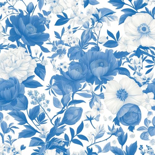 JIAOQSS Abziehbare Tapete Retro Blume Blau Weiß Pfingstrose Blume Kontaktpapier Klebefolie Möbel Dekorfolie Selbstklebend Küche Klebetapete Muster Tapeten Wassdicht DIY Wohnzimmer Wandtapete von JIAOQSS