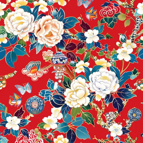 JIAOQSS Klebefolie Möbelfolie Tapete Rote Blumen Im Ethnischen Stil Mustertapete Klebefolie Wandtapete Möbelfolie Tapeten Wasserdicht Vinyl Wrap Klebetapete Wohnzimmer Schlafzimmer Wallpaper von JIAOQSS