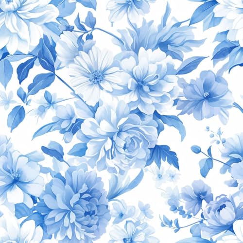 JIAOQSS Selbstklebende Tapete Retro Blume Blau Weiß Pfingstrose Blume Kontaktpapier Klebefolie Wandtapete Möbelfolie Tapeten Wasserdicht Vinyl Wrap Klebetapete Wohnzimmer Schlafzimmer Wallpaper von JIAOQSS