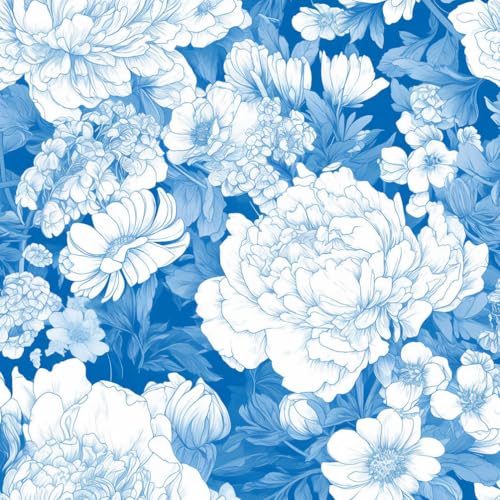 Tapete die selbstklebt Retro Blume Blau Weiß Pfingstrose Blume Mustertapete Klebefolie Muster Möbelfolie Selbstklebend Möbelaufkleber Wasserdichte Klebetapete Vinyl Folie für Möbel Wand Schrank Küche von JIAOQSS