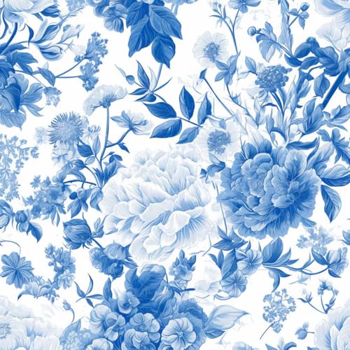 Wandbelag selbstklebend Retro Blume Blau Weiß Pfingstrose Blume einfach anzubringen Möbelfolie Selbstklebend Klebefolie Muster Wasserdichte Möbelaufkleber Vinyl Folie für Möbel, Küche, Schlafzimmer von JIAOQSS