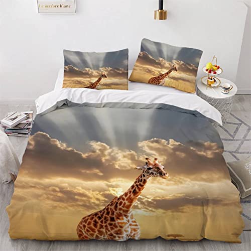 Afrikanische Giraffe Bettwäsche-Sets 155x220 3D Motiv 3-teilig Bettwäsche 100% Mikrofaser kuschelig mit Reißverschluss Sonnenuntergang Tiere Jungen und Mädchen Soft Bettbezüge mit 2 Kissenbezug 80x80 von JIARAO