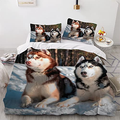 Bettwäsche 135×200 3D-Digitaldruck 2teilig Husky-Hunde Bettwäsche-Sets Kinder Mikrofaser mit Reißverschluss Tiere Muster Soft Jungen Mädchen Bettwaren Bettbezug mit Kissenbezug 80x80 cm von JIARAO