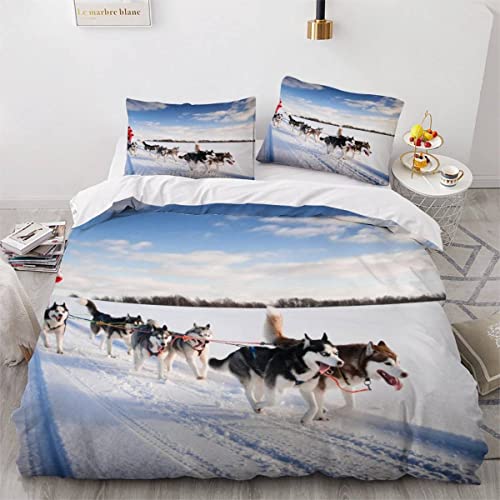 Bettwäsche 135×200 3D-Digitaldruck 2teilig Schlittenhund Bettwäsche-Sets Kinder Mikrofaser mit Reißverschluss Schlittenrennen Im Winter Soft Jungen Mädchen Bettwaren Bettbezug mit Kissenbezug 80x80 cm von JIARAO