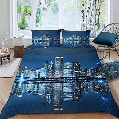 Bettwäsche 135×200 3D-Digitaldruck 3-teilig Chicago-Nacht Bettwäsche-Sets Kinder Mikrofaser mit Reißverschluss Graue Stadt Soft Jungen Mädchen Bettwaren Bettbezug mit 2 Kissenbezug 80x80 cm von JIARAO