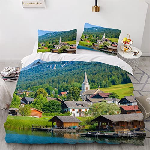 Bettwäsche 135×200 3D-Digitaldruck 3-teilig Die Alpen Bettwäsche-Sets Kinder Mikrofaser mit Reißverschluss Dorf Am See Soft Jungen Mädchen Bettwaren Bettbezug mit 2 Kissenbezug 80x80 cm von JIARAO