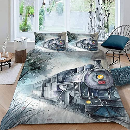 Bettwäsche 135×200 3D-Digitaldruck 3-teilig Eisenbahn Dampfmaschine Bettwäsche-Sets Kinder Mikrofaser mit Reißverschluss Winterschneewald Jungen Mädchen Bettwaren Bettbezug mit 2 Kissenbezug 80x80 cm von JIARAO