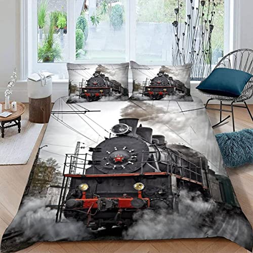 Bettwäsche 135×200 3D-Digitaldruck 3-teilig Retro-Dampfmaschine Bettwäsche-Sets Kinder Mikrofaser mit Reißverschluss Eisenbahnrauch Soft Jungen Mädchen Bettwaren Bettbezug mit 2 Kissenbezug 80x80 cm von JIARAO