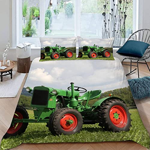 Bettwäsche 135×200 3D Druck 2teilig Grüner Traktor Bettwäsche-Sets Weiche kuschelig Mikrofaser mit Reißverschluss Oldtimer-Traktor Sommer Bettbezug mit 1 Kissenbezug 80x80 cm Jungen Mädchen von JIARAO