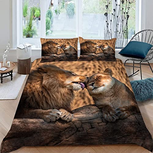 Bettwäsche 135×200 3D Druck 4teilig Löwe 100% Mikrofaser mit Reißverschluss Löwe Verliebt Kinder Sommer Bettbezüge mit 2 Kissenbezug 80x80 cm Jungen Mädchen von JIARAO