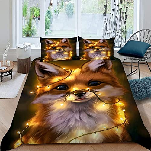 Bettwäsche 135×200 3D Gedruckt 4teilig Cartoon-Tiere 100% Mikrofaser mit Reißverschluss Kunst des Rotfuchses Kinder Soft Jungen Mädchen Bettwaren Bettbezug mit Kissenbezug 80x80 cm von JIARAO