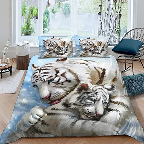 Bettwäsche 135×200 3D Gedruckt 4teilig Wilde Tiere 100% Mikrofaser mit Reißverschluss Tigermutter Und Kind Kinder Soft Jungen Mädchen Bettwaren Bettbezug mit Kissenbezug 80x80 cm von JIARAO