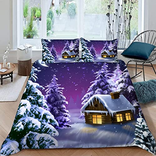 Bettwäsche 135×200 3D Gedruckt 4teilig Winter-Schnee-Wald 100% Mikrofaser mit Reißverschluss Mondscheinnacht Kinder Soft Jungen Mädchen Bettwaren Bettbezug mit Kissenbezug 80x80 cm von JIARAO