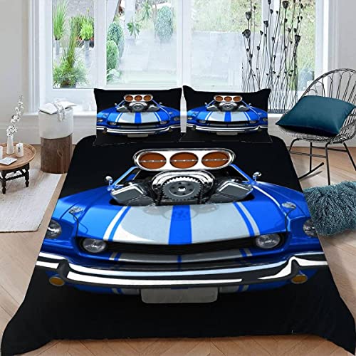 Bettwäsche 155×220 3d Druck 3teilig Rennwagen, Sportwagen Bettwäsche-Sets Weiche kuschelig Mikrofaser mit Reißverschluss Cartoon-Muscle-Car Jugendliche Sommer Bettbezüge mit 2 Kissenbezug 80x80 cm von JIARAO