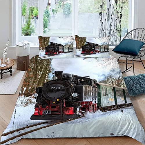 Eisenbahn Dampfmaschine Bettwäsche-Sets 155x220 3D Motiv 3-teilig Bettwäsche 100% Mikrofaser kuschelig mit Reißverschluss Winterschneeszene Jungen und Mädchen Soft Bettbezüge mit 2 Kissenbezug 80x80 von JIARAO