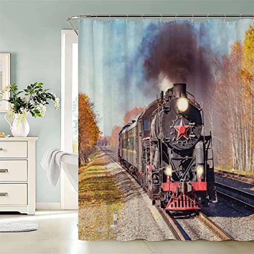 Eisenbahn Dampfmaschine Duschvorhang 180x200 Fahrender Zug Badezimmer Vorhänge Anti-Schimmel Anti-Bakteriell 3d Digitaldruck Waschbar Badewanne Vorhang Polyester Stoff mit 12 Duschvorhangringen von JIARAO