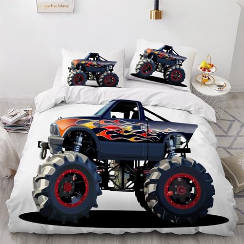 JIARAO Bettbezug Bettwäsche Set Dunkle Serie Weiche Mikrofaser 3D Monster Truck Bettbezug Set 135x200 cm mit Reißverschluss Cooles Cartoon-Auto Kuschelig Bettbezüge mit 2 Kissenbezug 80x80 cm von JIARAO