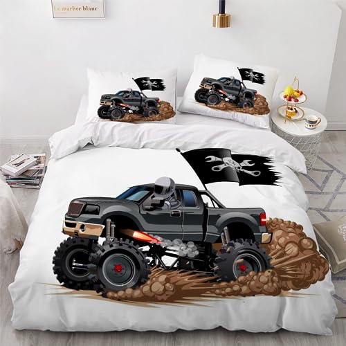 JIARAO Bettbezug Bettwäsche Set Dunkle Serie Weiche Mikrofaser 3D Monster Truck Bettbezug Set 135x200 cm mit Reißverschluss Cooles Cartoon-Auto Kuschelig Bettbezüge mit 2 Kissenbezug 80x80 cm von JIARAO