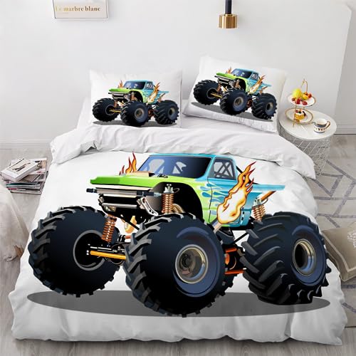 JIARAO Bettbezug Bettwäsche Set Dunkle Serie Weiche Mikrofaser 3D Monster Truck Bettbezug Set 135x200 cm mit Reißverschluss Grünes Cartoon-Auto Kuschelig Bettbezüge mit 2 Kissenbezug 80x80 cm von JIARAO