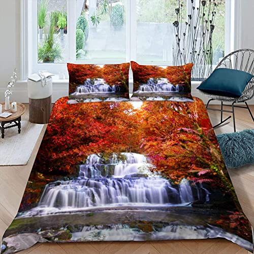 JIARAO Bettwäsche 135×200 3D Druck Wasserfall Im Regenwald Bettwäsche Set Weiche kuschelig Mikrofaser mit Reißverschluss Kinder Sommer Bettbezüge und 2 Kissenbezug 80x80 cm Rote Blätter von JIARAO