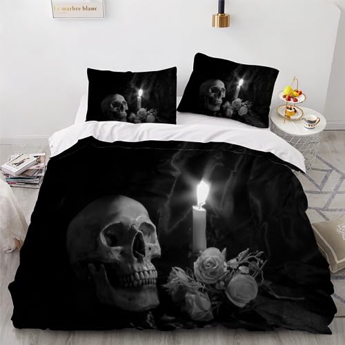 JIARAO Bettwäsche 3D Gotischer Totenkopf Bettbezug Set 135x200 cm Kinder Bettwäsche Set 3 Teilig Bettbezüge Horrormuster Mikrofaser Bettbezug mit Reißverschluss und 2 Kissenbezug 80x80cm von JIARAO