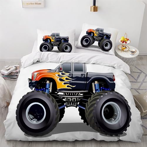 JIARAO Bettwäsche 3D Monster Truck Bettbezug Set 135x200 cm Kinder Bettwäsche Set 3 Teilig Bettbezüge Cooles Cartoon-Auto Mikrofaser Bettbezug mit Reißverschluss und 2 Kissenbezug 80x80cm von JIARAO