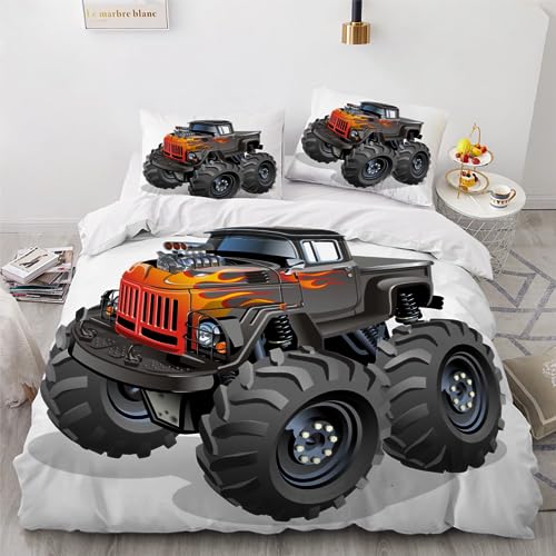 JIARAO Bettwäsche 3D Monster Truck Bettbezug Set 135x200 cm Kinder Bettwäsche Set 3 Teilig Bettbezüge Cooles Cartoon-Auto Mikrofaser Bettbezug mit Reißverschluss und 2 Kissenbezug 80x80cm von JIARAO