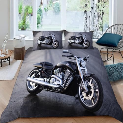 JIARAO Bettwäsche 3D Rennen Bettbezug Set 135x200 cm Kinder Bettwäsche Set 3 Teilig Bettbezüge Schwarzes Motorrad Mikrofaser Bettbezug mit Reißverschluss und 2 Kissenbezug 80x80 cm von JIARAO