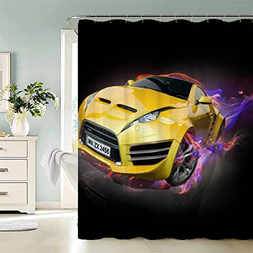 JIARAO Duschvorhänge 240x200 Rennwagen Sportwagen Duschvorhang Anti-Schimmel Anti-Bakteriell 3D Digitaldruck Waschbar Badewanne Vorhang Polyester Stoff mit 12 Duschvorhangringen Brennender Sportwagen von JIARAO