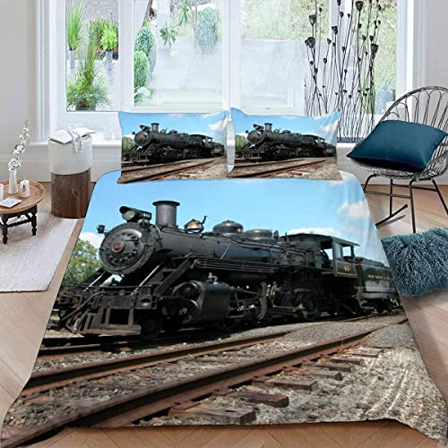 JIARAO Eisenbahn Dampfmaschine Kinder Bettwäsche-Sets 135x200 3D Druck 3-teilig Bettwäsche 100% Mikrofaser Weiche mit Reißverschlus Retro-Dampfzug Soft Kuschelig Bettbezüge mit 2 Kissenbezug 80x80 cm von JIARAO