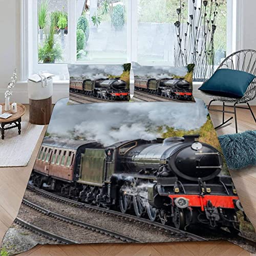 JIARAO Eisenbahn Dampfmaschine Kinder Bettwäsche-Sets 135x200 3D Druck 3-teilig Bettwäsche 100% Mikrofaser Weiche mit Reißverschlus Retro-Zug Soft Kuschelig Bettbezüge mit 2 Kissenbezug 80x80 cm von JIARAO