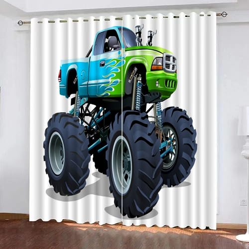 JIARAO Gardinen Vorhänge Ösen 2 Stück Monster Truck Vorhang Schlafzimmer Geräuschreduzierung 3D Drucken Cooles Cartoon-Auto Luxus Hochwertig Abdunklungsvorhänge 220 x 215 cm BxH von JIARAO