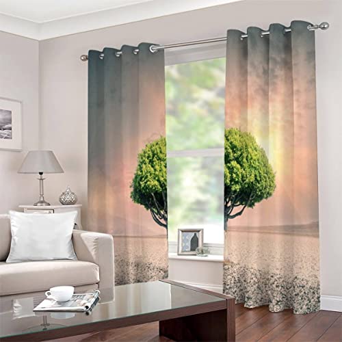 JIARAO Gardinen Vorhänge Ösen 2 Stück Sonnenuntergang In Der Wüste Vorhang Schlafzimmer Geräuschreduzierung 3D Drucken Kreativer Grüner Baum Luxus Hochwertig Abdunklungsvorhänge 220 x 215 cm BxH von JIARAO