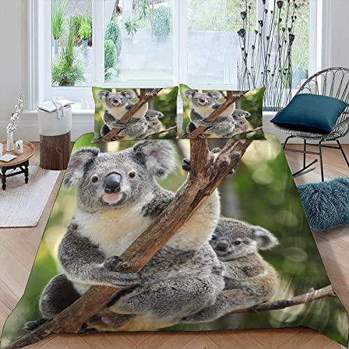 JIARAO Koala Auf Eukalyptus Bettwäsche 135×200 Weiche Mikrofaser 3D Druck Tropenwald Bettbezug mit Reißverschluss Für Kinder Zimmer Dekor Sommer 3 Teilig Bettwäsche Set mit 2 Kissenbezüge 80×80 cm von JIARAO