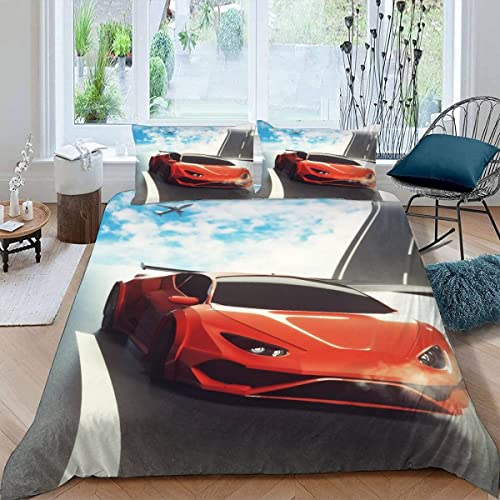 JIARAO Rennwagen, Sportwagen Kinder Bettwäsche-Sets 135x200 3D Druck 2teilig Bettwäsche100% Mikrofaser Weiche mit Reißverschluss Orangefarbenes Auto Sommer Bettbezüge mit 1 Kissenbezug 80x80 cm von JIARAO