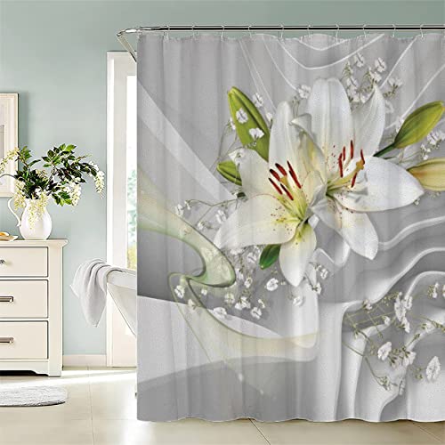 JIARAO Weiße Lilie Duschvorhang 180x200 Schöner Druck Badezimmer Vorhänge Anti-Schimmel Anti-Bakteriell 3D Digitaldruck Waschbar Badewanne Vorhang Polyester Stoff mit 12 Duschvorhangringen von JIARAO