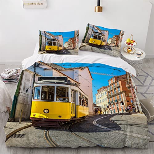 JIARAO Zug Lokomotive Kinder Bettwäsche-Sets 135x200 3D Druck 3-teilig Bettwäsche 100% Mikrofaser Weiche mit Reißverschlus Retro-Straßenbahn Soft Kuschelig Bettbezüge mit 2 Kissenbezug 80x80 cm von JIARAO