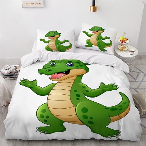 Kinder Bettbezug-Set 3D Cartoon-Tiere Bettwäsche-Set 155X220 cm Teens Weiche Mikrofaser mit Reißverschluss Grüner Dinosaurier Jungen Mädchen Bettbezüge mit 2 Kissenbezug 80x80 cm von JIARAO