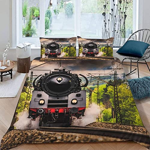Kinder Bettbezug-Set 3D Muster 3-teilig Retro-Dampfmaschine Teens Bettwäsche-Sets 155X220 Weiche Mikrofaser mit Reißverschluss Eisenbahnrauch Jungen Mädchen Bettbezüge mit 2 Kissenbezug 80x80 cm von JIARAO
