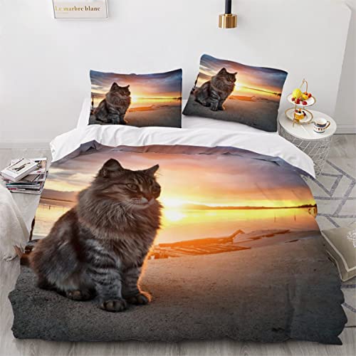 Langhaarige Tigerkatze Bettwäsche-Sets 200x200 3D Motiv 3-teilig Bettwäsche kuschelig 100% Mikrofaser mit Reißverschluss Sonnenuntergang Am See kinder Erwachsene Bettbezüge mit 2 Kissenbezug 80x80 cm von JIARAO