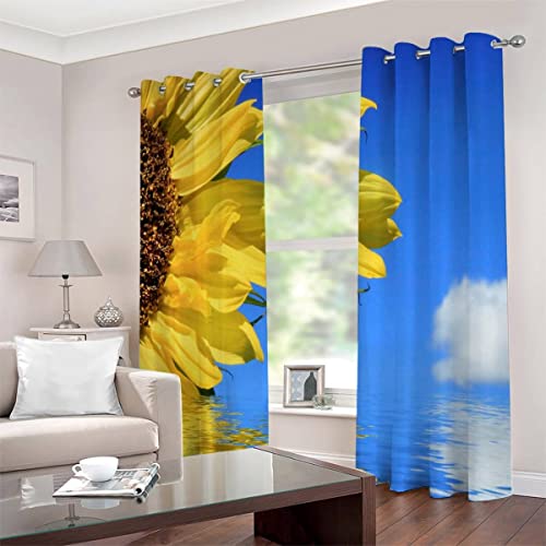 Vorhänge mit Ösen 2er Set Blickdichte Vorhänge Gelbe Sonnenblume Gardinen Uv Schutz Vorhänge Blauer Himmel Und Weiße Wolken Kinderzimmer Mädchen Jungen Vorhänge 140 x 160 cm BxH von JIARAO