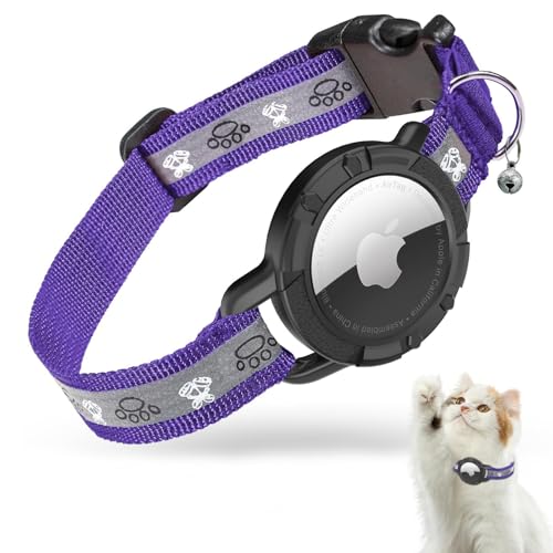 AirTag Katzenhalsband, Reflektierend Air Tag Halsband Katze, GPS Katzenhalsband mit Verstellbares und Glocke, Integriertes Apple Air Tag Katzen Halsband, Geeignet Für Katzen Welpen[Lila][S] von JIARUI