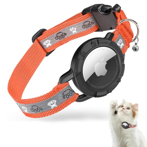 AirTag Katzenhalsband, Reflektierend Air Tag Halsband Katze, GPS Katzenhalsband mit Verstellbares und Glocke, Integriertes Apple Air Tag Katzen Halsband, Geeignet Für Katzen Welpen[Orange][S] von JIARUI