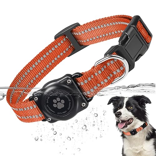 Airtag Hundehalsband, zu 100% wasserdichte Integrierte Apple AirTag Hundehalsbänder, Reflektierendes Hundehalsband mit Hartem PC AirTag Halterungsgehäuse für Kleine, Mittlere & Große Hunde (Orange) von JIARUI