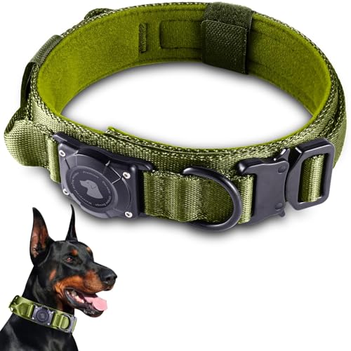 JIARUI Taktisches Hundehalsband mit Griff, Wasserdichter Airtag Hundehalsband, Dickes Verstellbares Halsband Hund mit Gepolstert, Metallschnalle für Mittlere Große Hunde (Grün, XL(24"-28")) von JIARUI