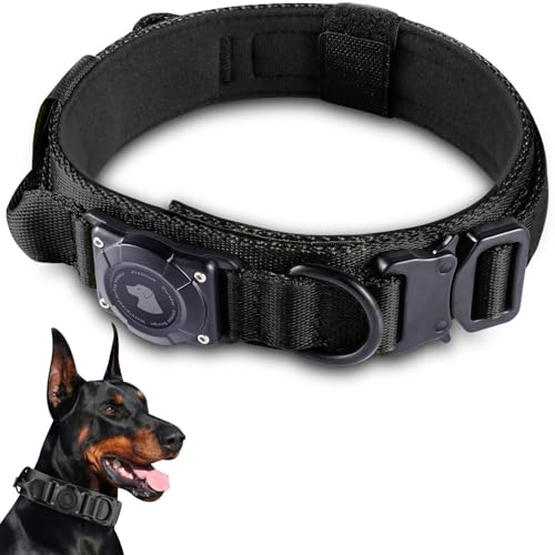 JIARUI Taktisches Hundehalsband mit Griff, Wasserdichter Airtag Hundehalsband, Dickes Verstellbares Halsband Hund mit Gepolstert, Metallschnalle für Mittlere Große Hunde (Schwarz, XL(24"-28")) von JIARUI