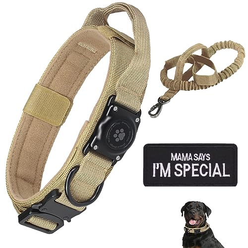 Taktisches AirTag Hundehalsband, 100% Wasserdicht Integriertes Apple Air Tag Hunde Halsband mit AirTag Halter, GPS Hunde Halsbänder Leine Satz, Verstellbares Militärhalsband mit Griff (Khaki XL) von JIARUI