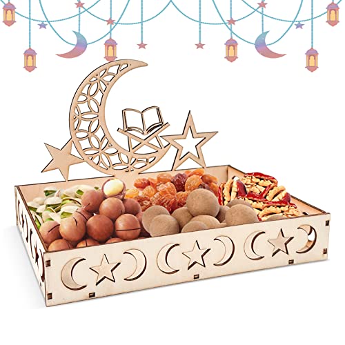 JIASHA Eid Mubarak Teller Holz Tablett, Dessert Tablett Holz Teller Mond Und Stern Muster, Eid Mubarak Dekoration für Geschirr, Frühstück, Abendessen, Dessert, Gebäck, Ausstellungsständer (A) von JIASHA